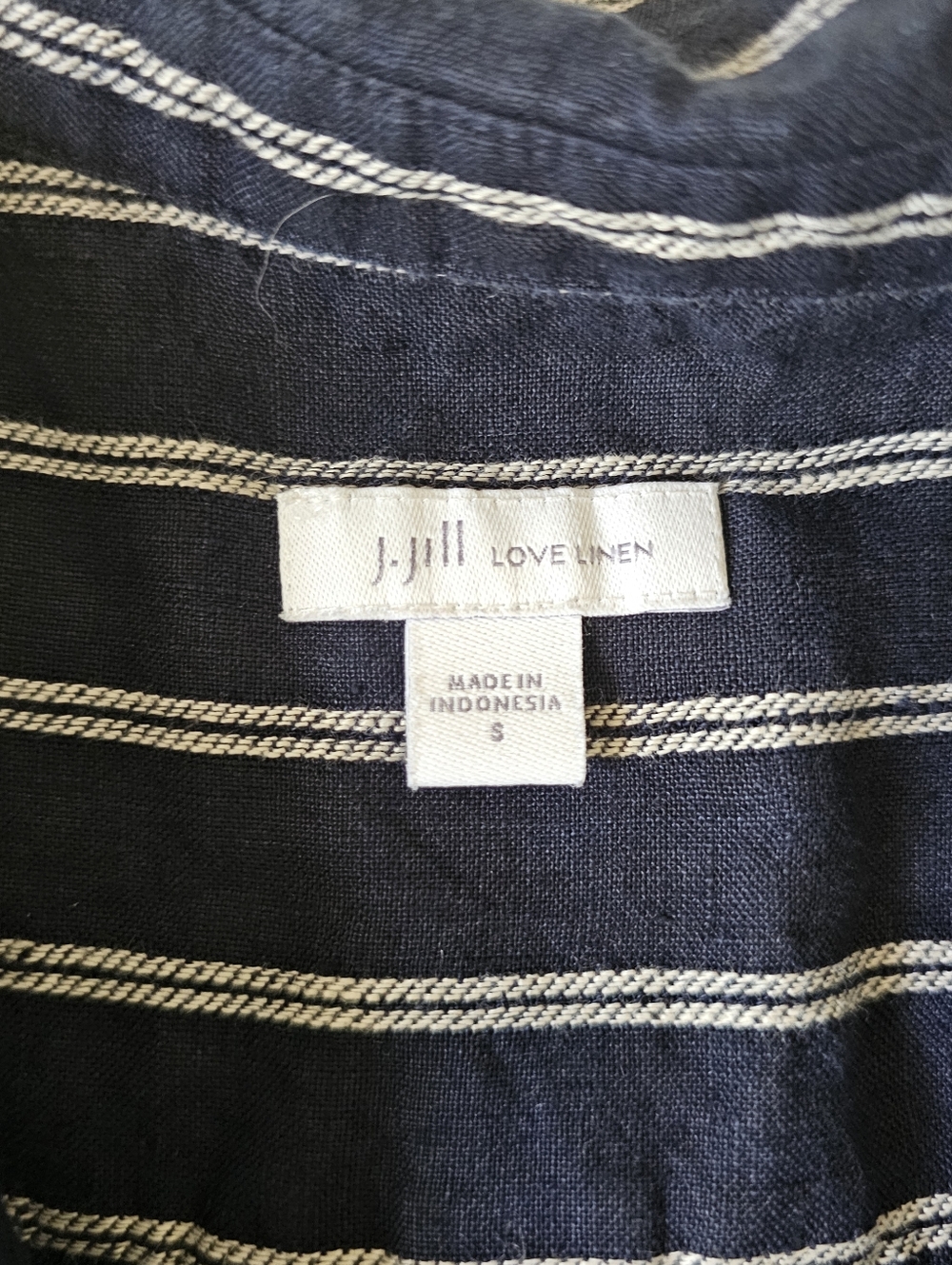 J Jill Love Linen Dress Size S Navy White Stripe Button Front V Neck Loose Fit - Picture 10 of 12